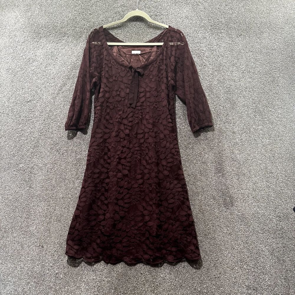 Garnet Hill Boheme Easy Lace Dress Women 2 Deep Mahogany 3/4 Sleeve Knee‎ Length
